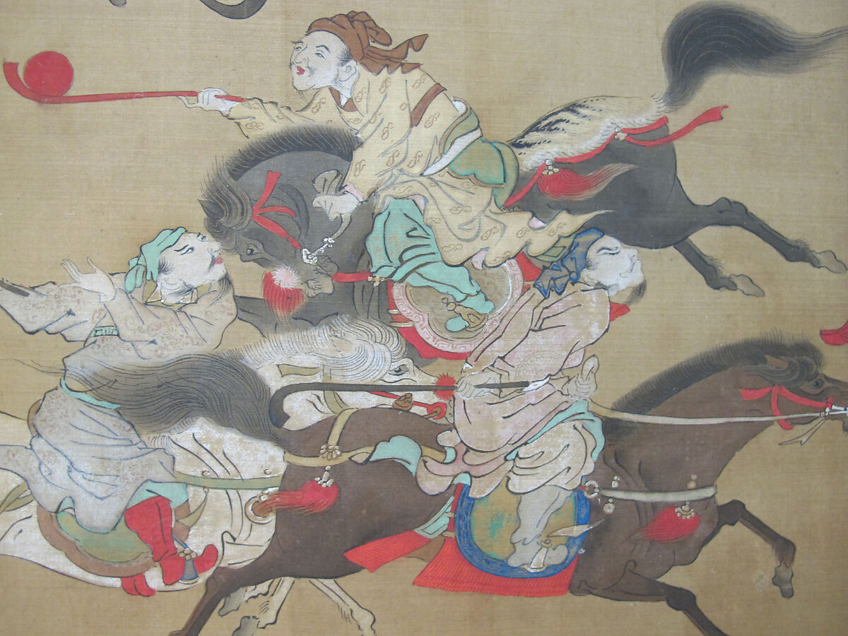 Tartars Playing Polo, Kano Eisen'in Furunobu 狩野永川院古 (Japanese, 1696–1731), Hanging scroll; ink and color on silk, Japan