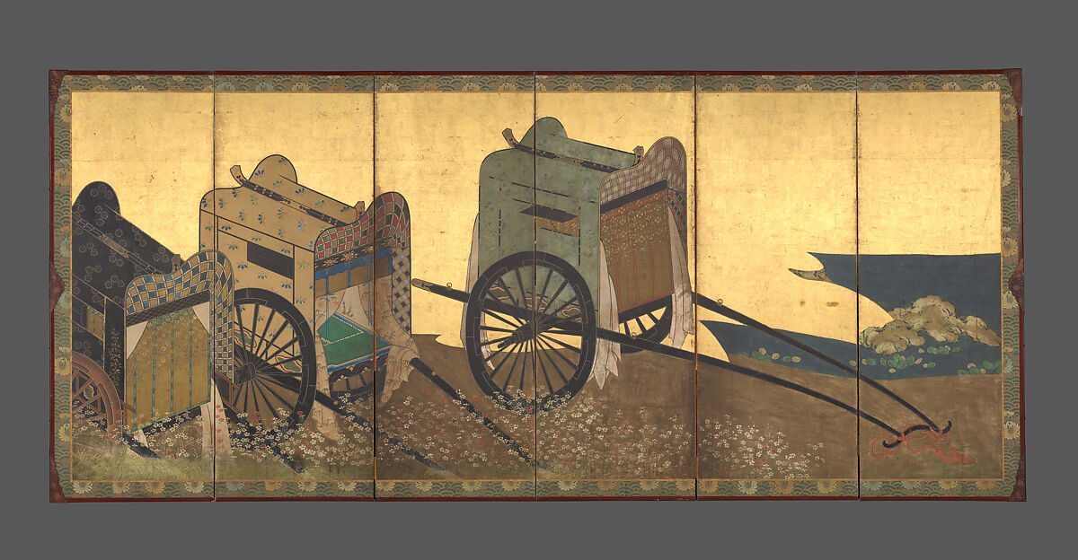 Imperial Carts (Gosho guruma), Six-panel folding screen; ink, color, gold, and gold leaf on paper, Japan 