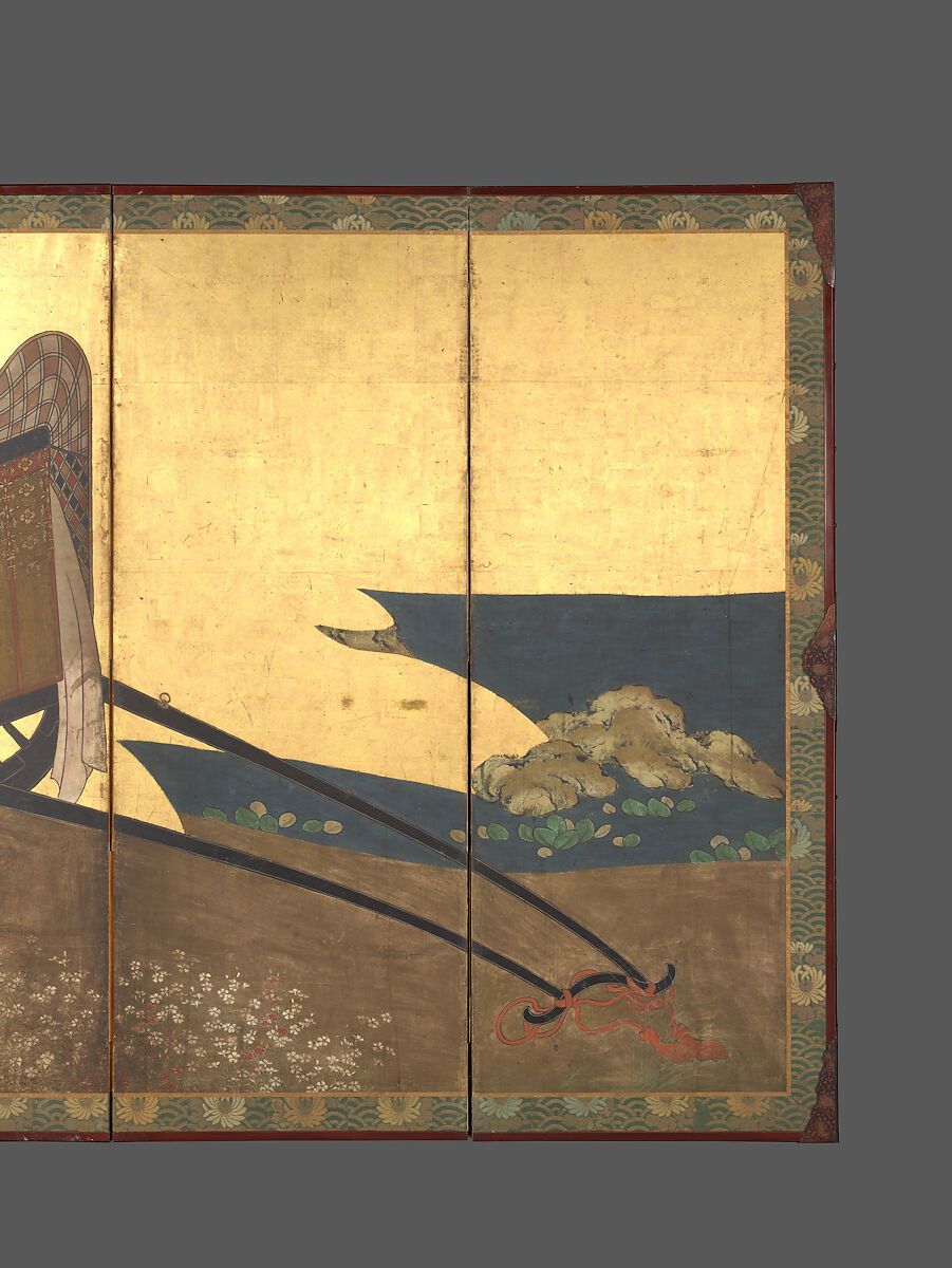 Imperial Carts (Gosho guruma), Six-panel folding screen; ink, color, gold, and gold leaf on paper, Japan