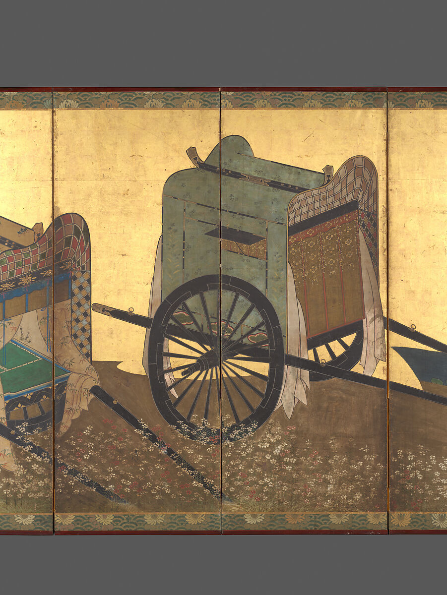 Imperial Carts (Gosho guruma), Six-panel folding screen; ink, color, gold, and gold leaf on paper, Japan