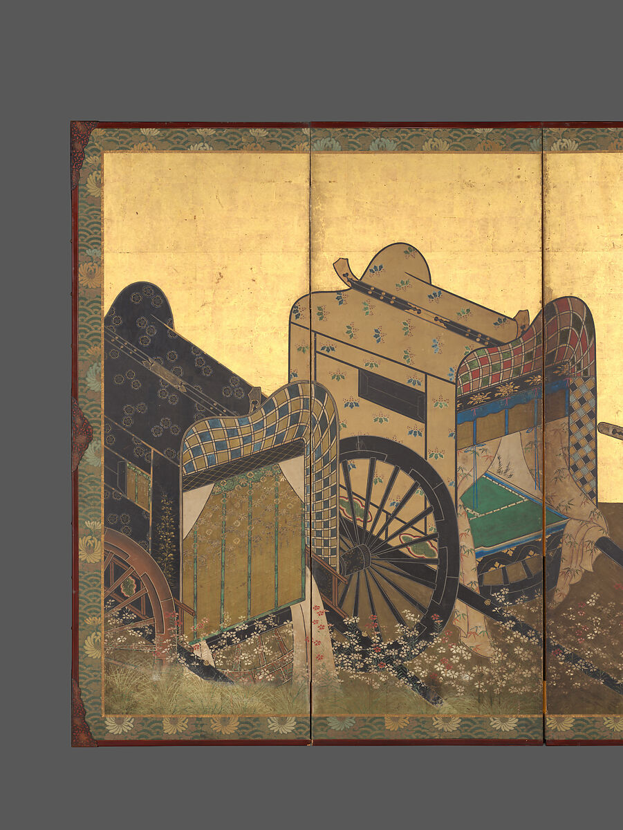 Imperial Carts (Gosho guruma), Six-panel folding screen; ink, color, gold, and gold leaf on paper, Japan