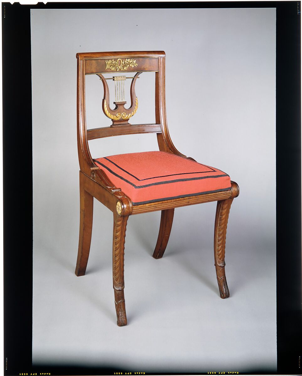Side chair, Attributed to Charles-Honoré Lannuier (France 1779–1819 New York), Mahogany, mahogany veneer, gilded gesso, brass with maple, American