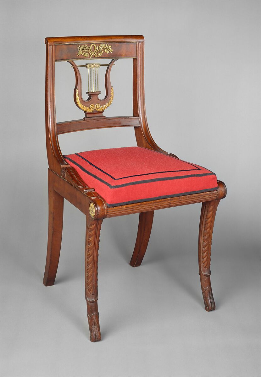 Side chair, Charles-Honoré Lannuier  American, Mahogany, mahogany veneer, gilded gesso, brass with maple, American