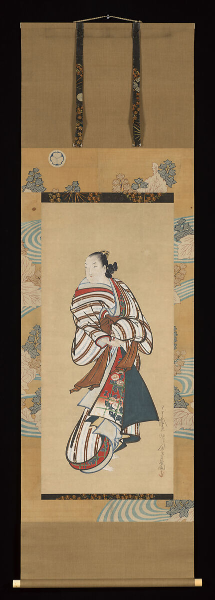 Standing Courtesan Looking Over Her Shoulder, Kaigetsudō Dohan (active 1710–16), Hanging scroll; ink and color on paper, Japan