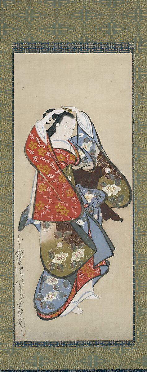 Beautiful Woman, Kaigetsudō Dohan (active 1710–16), Hanging scroll; ink and color on paper, Japan 