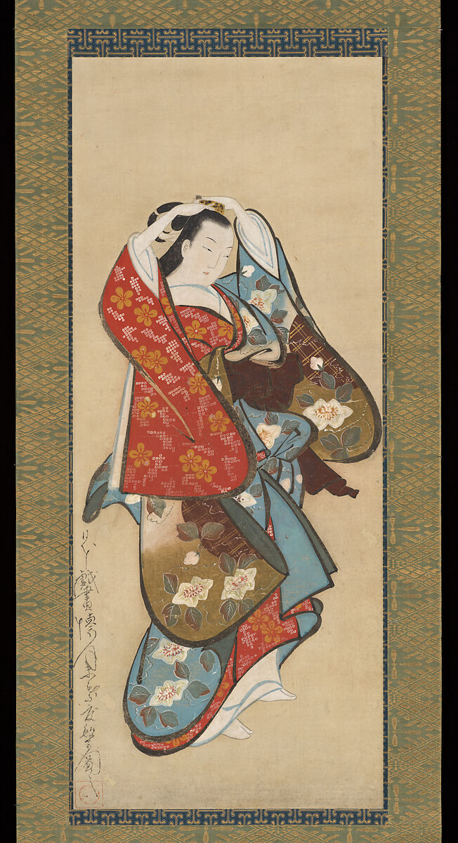 Beautiful Woman, Kaigetsudō Dohan (active 1710–16), Hanging scroll; ink and color on paper, Japan 