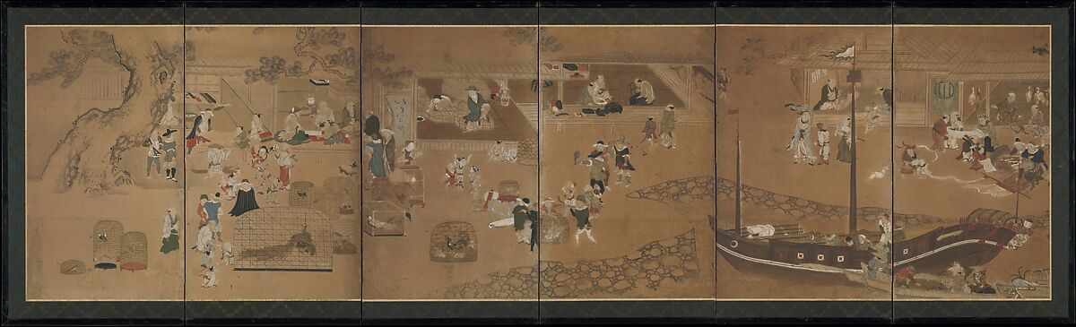 Foreign Merchants in Japanese Trade Port, Six-panel folding screen; ink and color on paper, Japan 