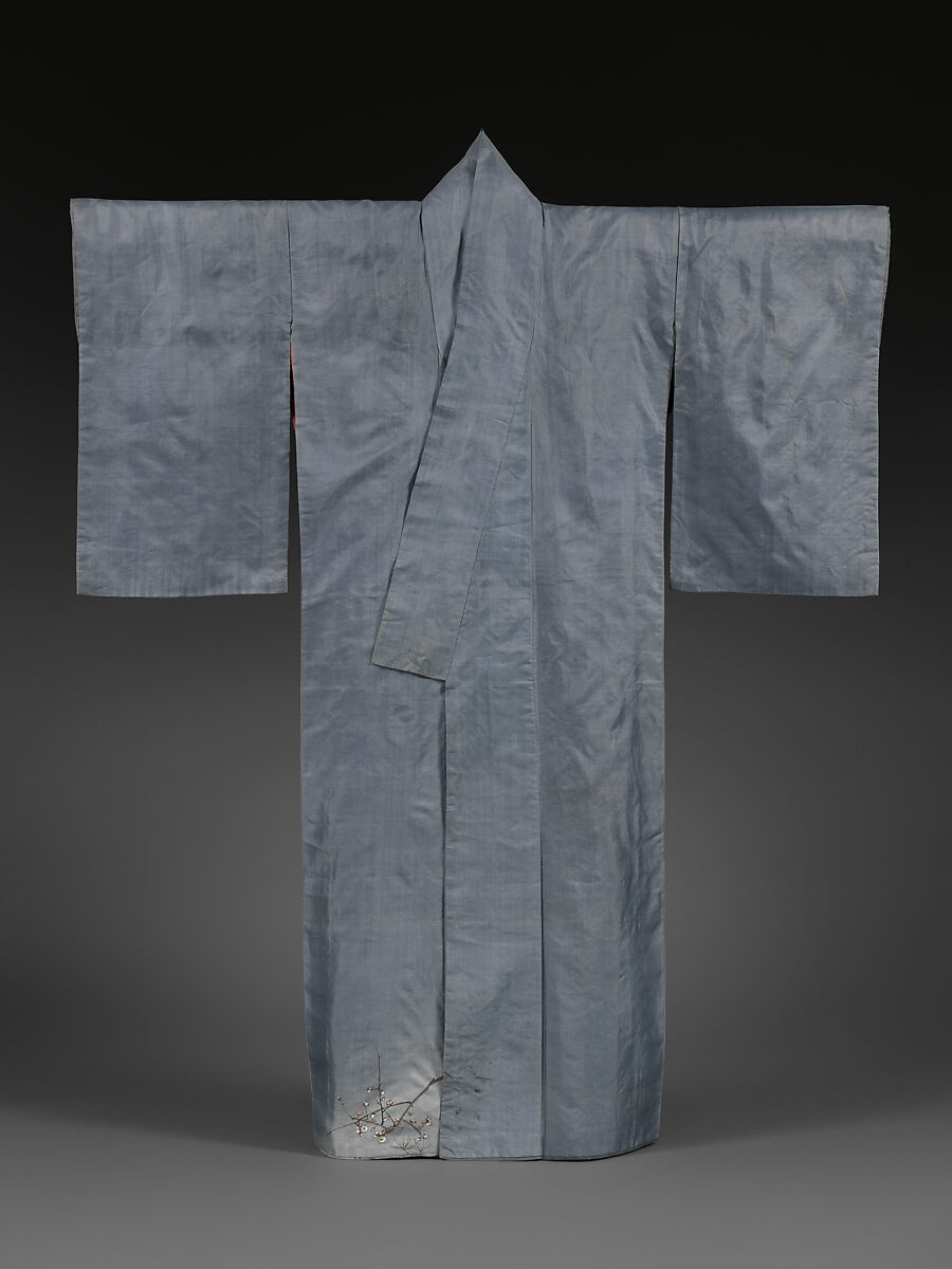 Kimono with Blossoming Plum Tree, Plain-weave silk with resist dyeing, ink, pigments, silk and metallic-thread embroidery, Japan 