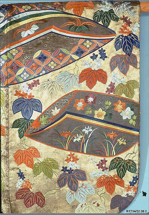 Noh Costume (Nuihaku) with Ivy, Incense Wrappers, and Bamboo Blinds, Silk embroidery and gold leaf on silk satin , Japan