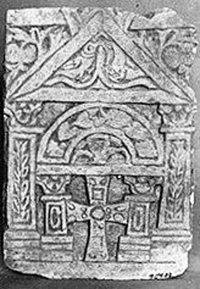 Funerary Stele with Cross at Center in Architectural Frame, Limestone; carved in relief 