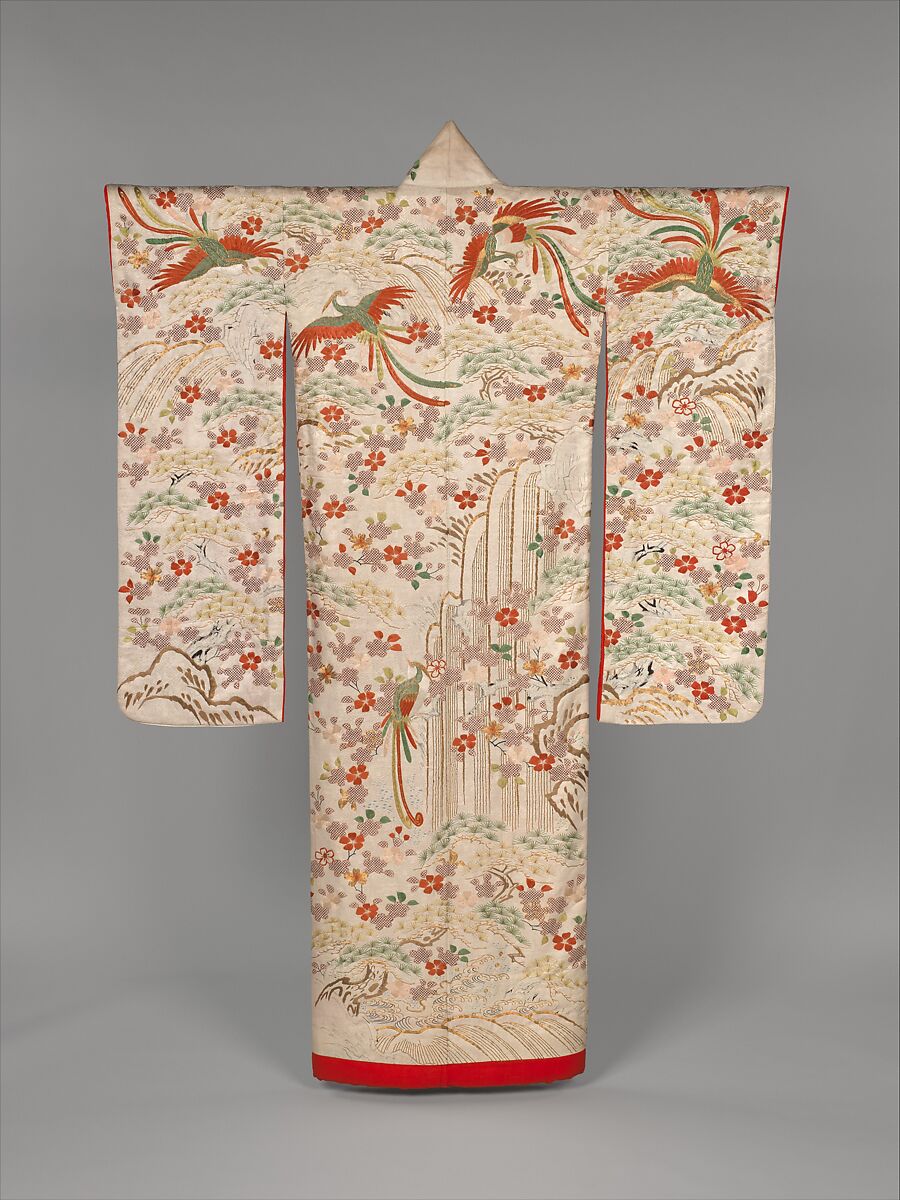 Over Robe (Uchikake) with Long-Tailed Birds in a Landscape, Silk and metallic-thread embroidery and stencil paste-resist dyeing on silk satin damask, Japan 