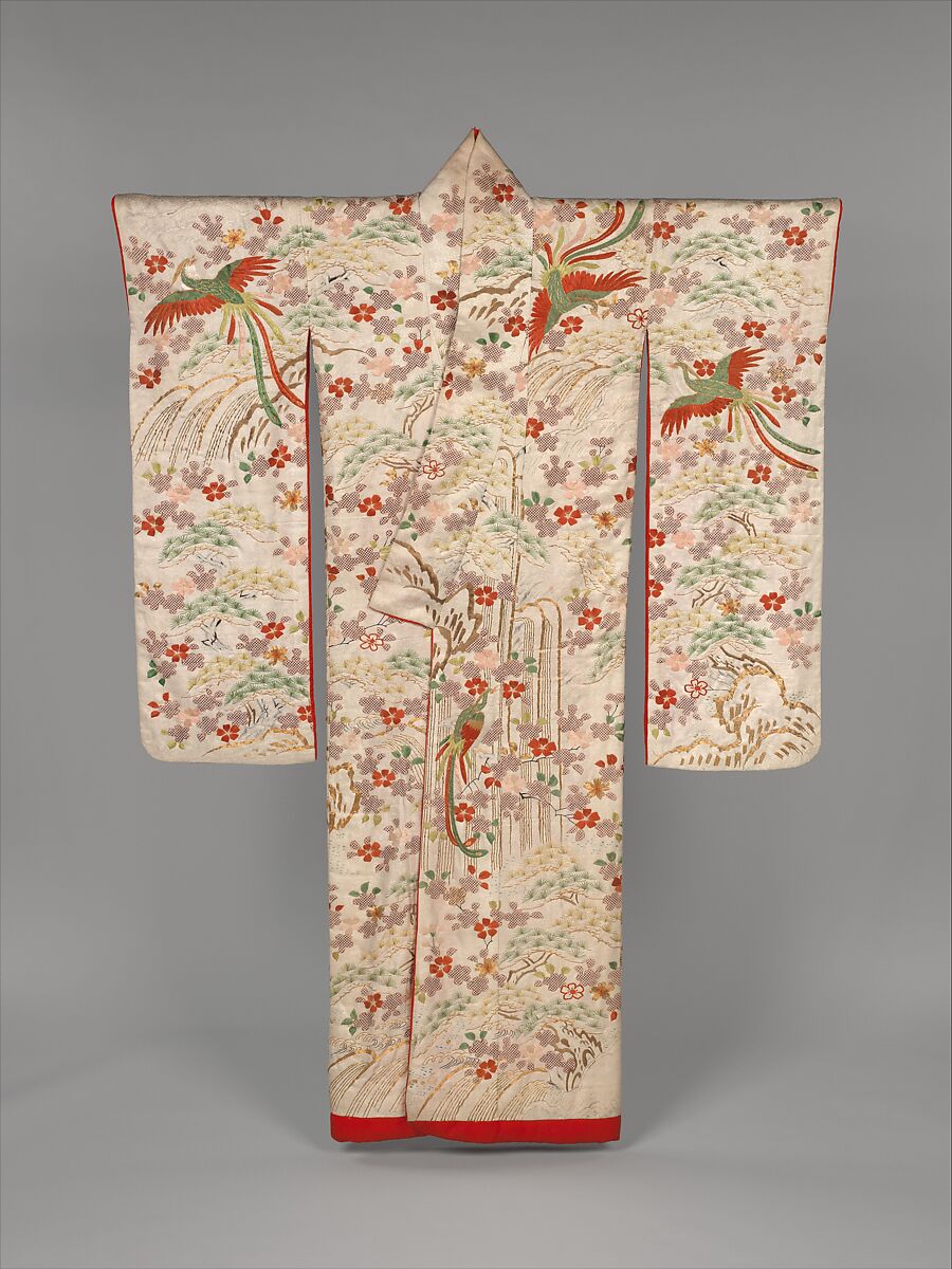 Over Robe (Uchikake) with Long-Tailed Birds in a Landscape, Silk and metallic-thread embroidery and stencil paste-resist dyeing on silk satin damask, Japan