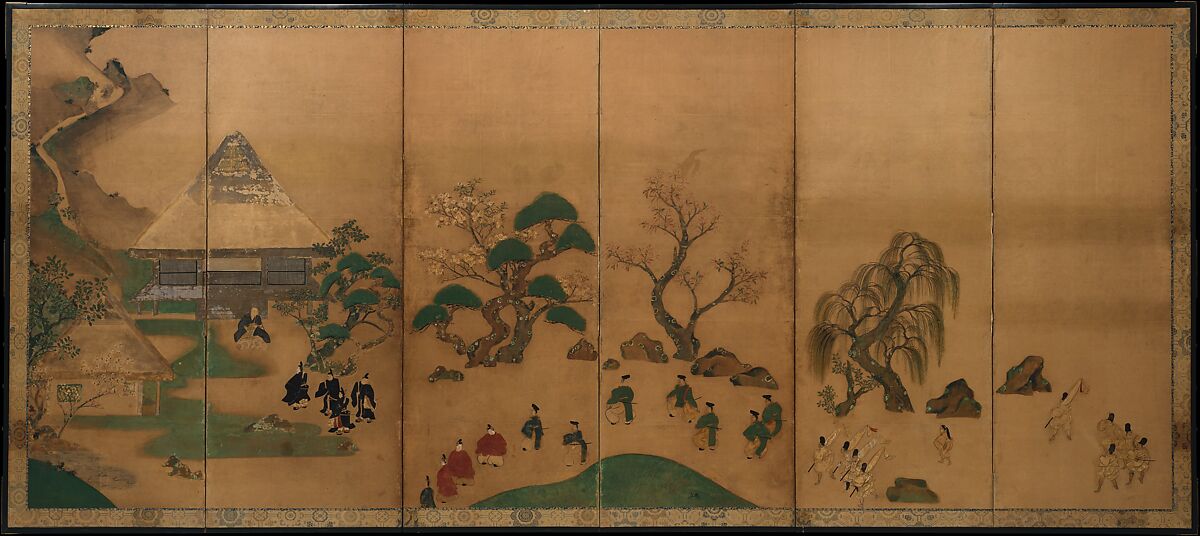 Royal Visit to Ōhara, from The Tale of the Heike, Studio of Tawaraya Sōtatsu (Japanese, ca. 1570–ca. 1640), Pair of six-panel folding screens; ink and color on paper, Japan