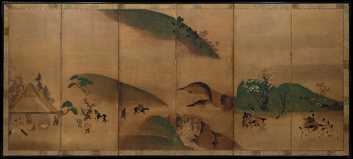 Royal Visit to Ōhara, from The Tale of the Heike, Studio of Tawaraya Sōtatsu (Japanese, ca. 1570–ca. 1640), Pair of six-panel folding screens; ink and color on paper, Japan 