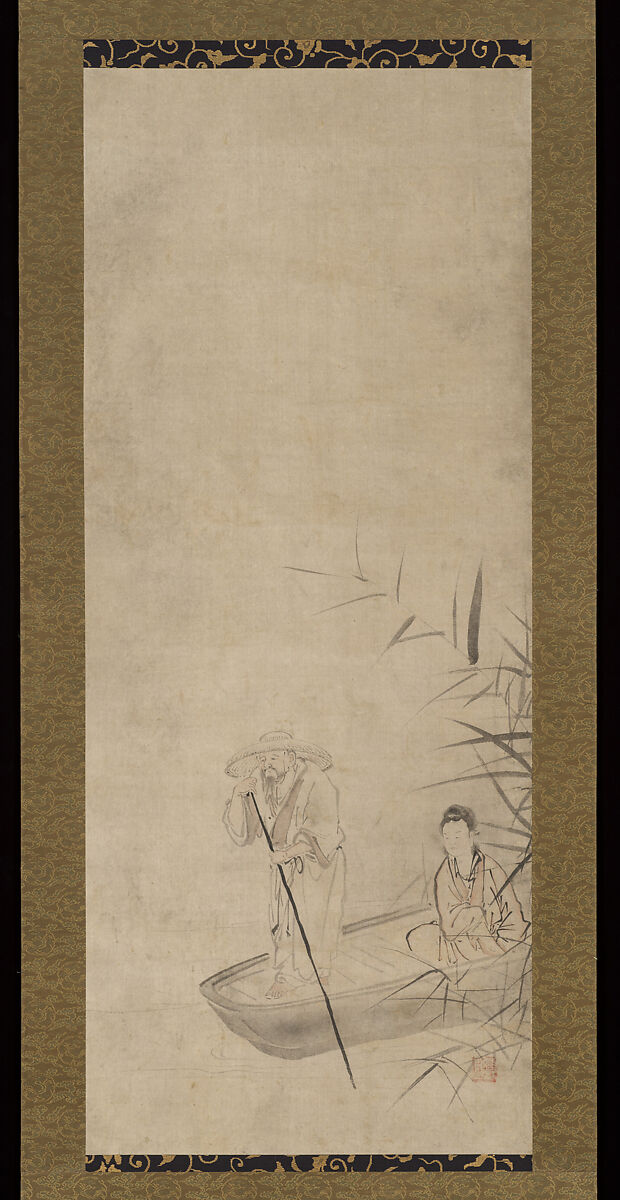 Chinese Woman in a Boat and Figures in Landscapes, Attributed to Kano Kōi (Japanese, died 1636), Triptych of hanging scrolls; ink and color on paper, Japan