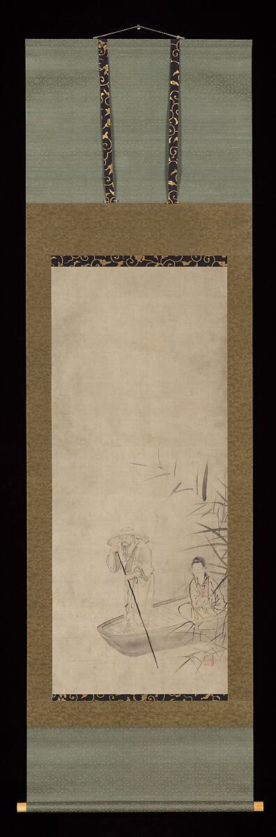 Chinese Woman in a Boat and Figures in Landscapes, Attributed to Kano Kōi (Japanese, died 1636), Triptych of hanging scrolls; ink and color on paper, Japan