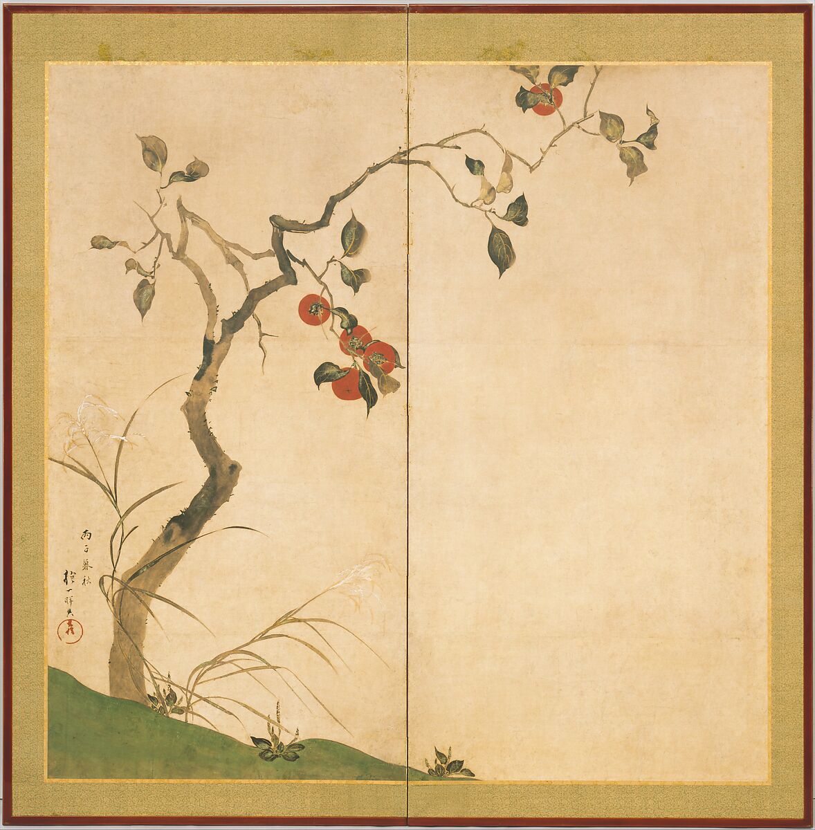 Persimmon Tree, Sakai Hōitsu (Japanese, 1761–1828), Two-panel folding screen; ink and color on paper, Japan 