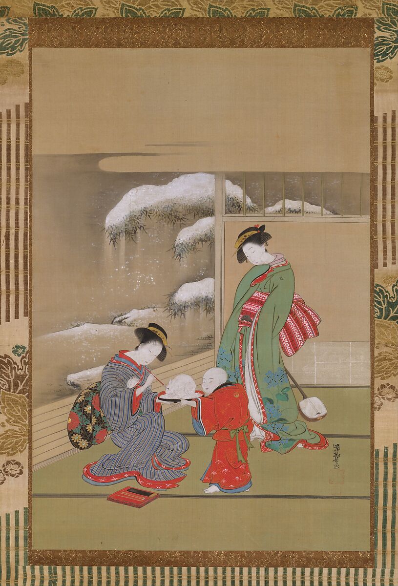 Painting the Eyes on a Snow Rabbit, Isoda Koryūsai (Japanese, 1735–ca. 1790), Hanging scroll; ink and color on silk, Japan 