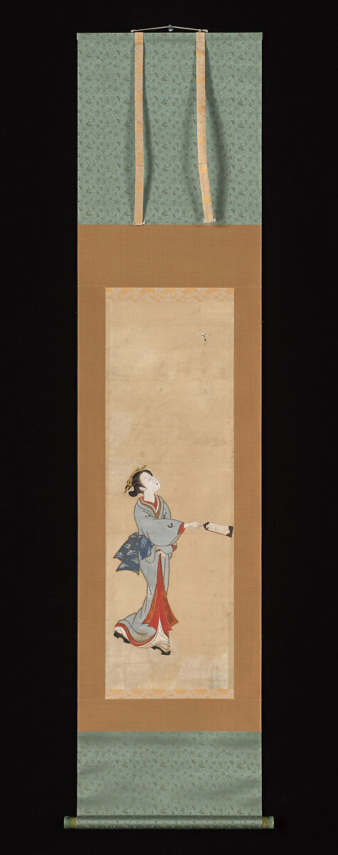 Woman Playing a New Year's Game of Battledore and Shuttlecock, Hanging scroll; ink and color on paper, Japan