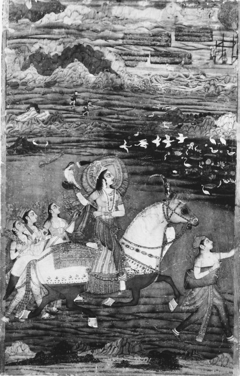 Chand Bibi Hawking with Attendants in a Landscape, Opaque watercolor, gold, and silver on card-weight paper