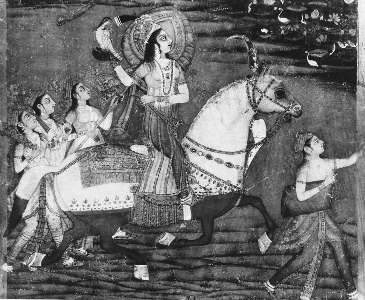 Chand Bibi Hawking with Attendants in a Landscape, Opaque watercolor, gold, and silver on card-weight paper