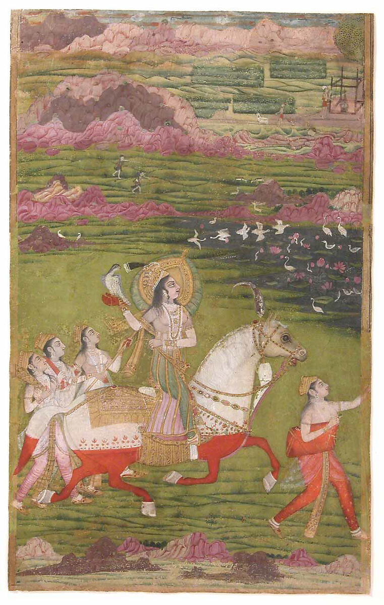 Chand Bibi Hawking with Attendants in a Landscape, Opaque watercolor, gold, and silver on card-weight paper