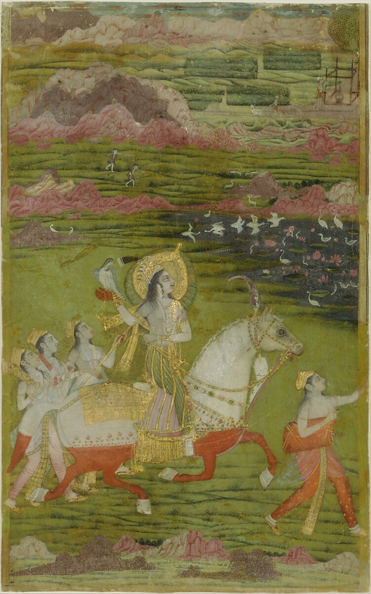 Chand Bibi Hawking with Attendants in a Landscape, Opaque watercolor, gold, and silver on card-weight paper 