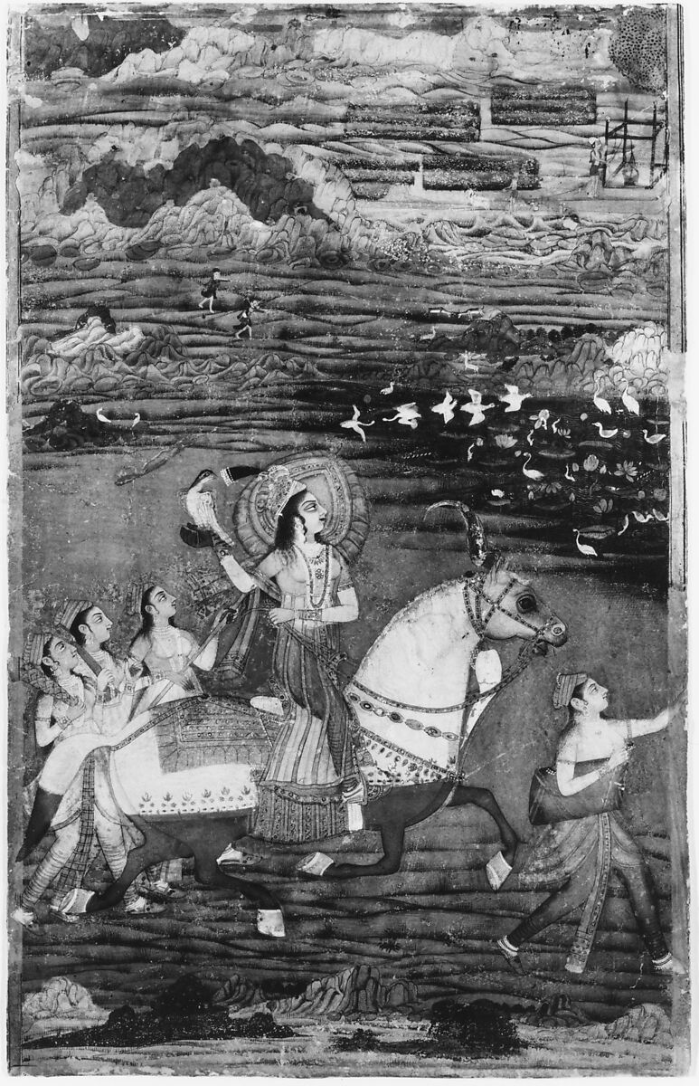 Chand Bibi Hawking with Attendants in a Landscape, Opaque watercolor, gold, and silver on card-weight paper