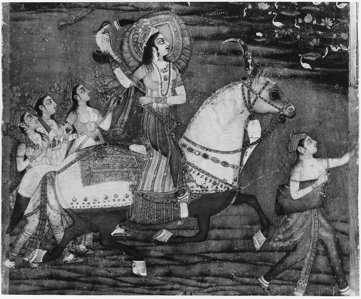 Chand Bibi Hawking with Attendants in a Landscape, Opaque watercolor, gold, and silver on card-weight paper
