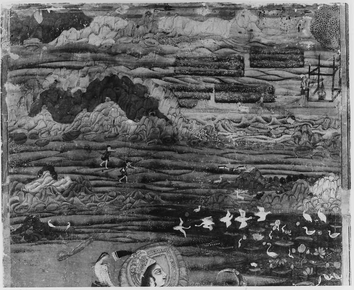 Chand Bibi Hawking with Attendants in a Landscape, Opaque watercolor, gold, and silver on card-weight paper