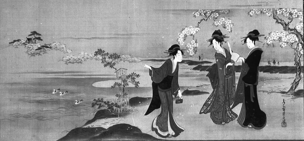 Three Beauties Viewing Cherry Blossoms, Attributed to Chōbunsai Eishi (Japanese, 1756–1829), Hanging scroll; ink and color on silk, Japan 