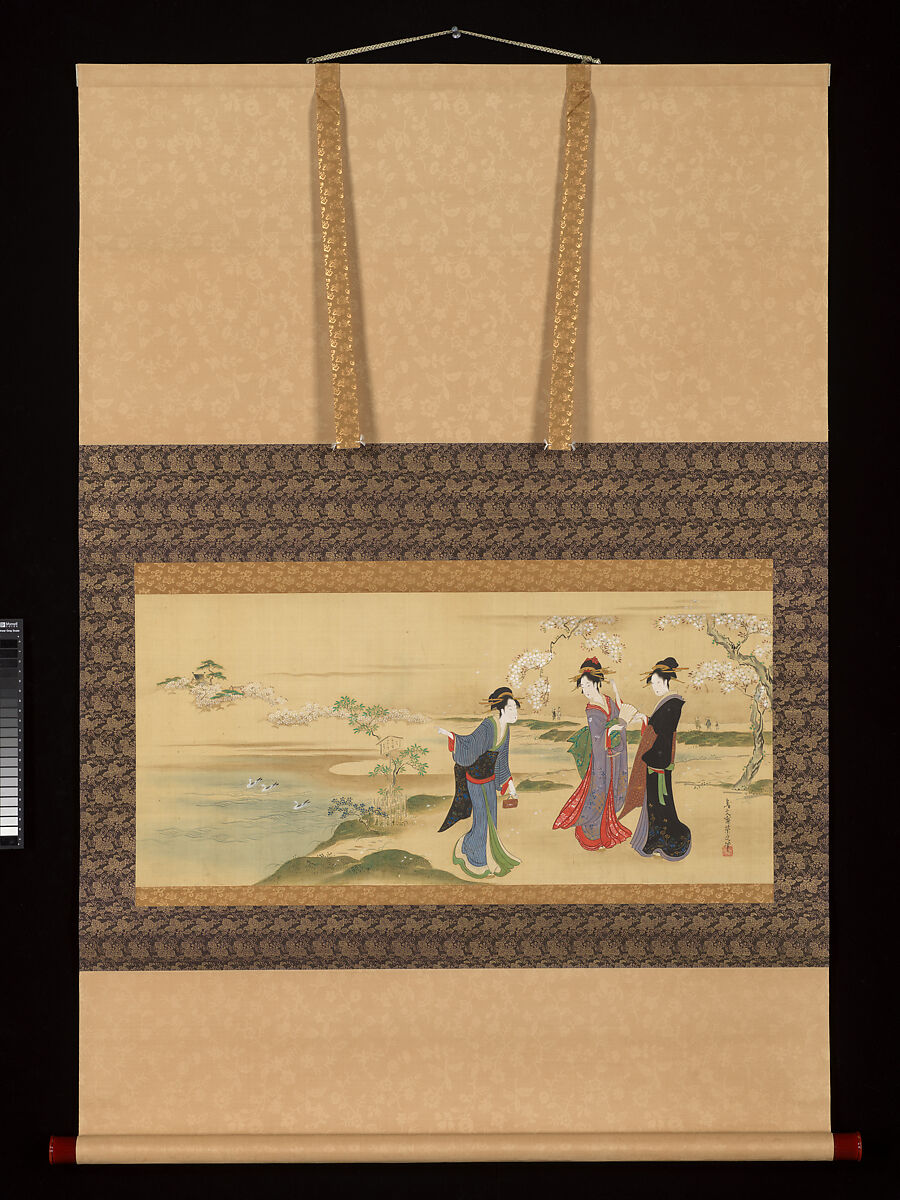 Three Beauties Viewing Cherry Blossoms, Attributed to Chōbunsai Eishi (Japanese, 1756–1829), Hanging scroll; ink and color on silk, Japan