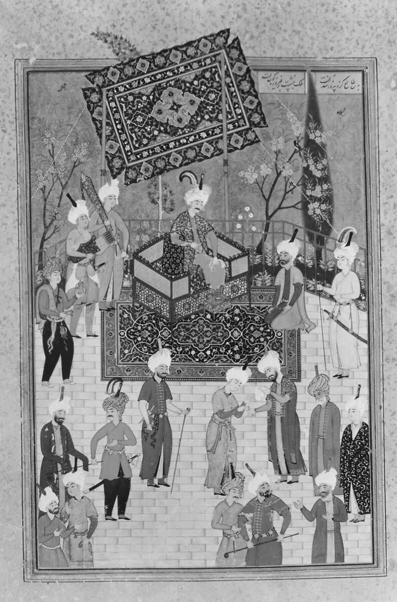 "Khusrau Seated on his Throne", Folio 64 from a Khamsa (Quintet) of Nizami of Ganja, Nizami (present-day Azerbaijan, Ganja 1141–1209 Ganja), Ink, opaque watercolor, and gold on paper