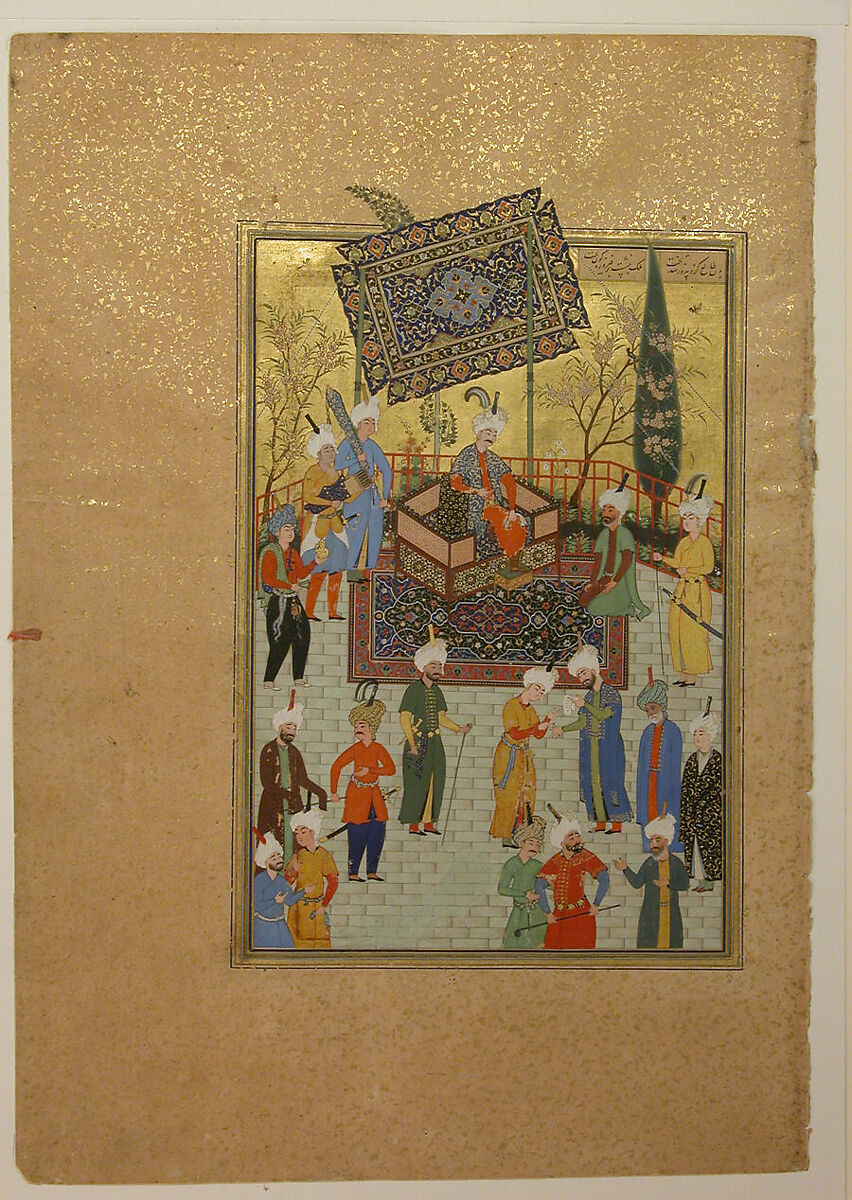 "Khusrau Seated on his Throne", Folio 64 from a Khamsa (Quintet) of Nizami of Ganja, Nizami (present-day Azerbaijan, Ganja 1141–1209 Ganja), Ink, opaque watercolor, and gold on paper