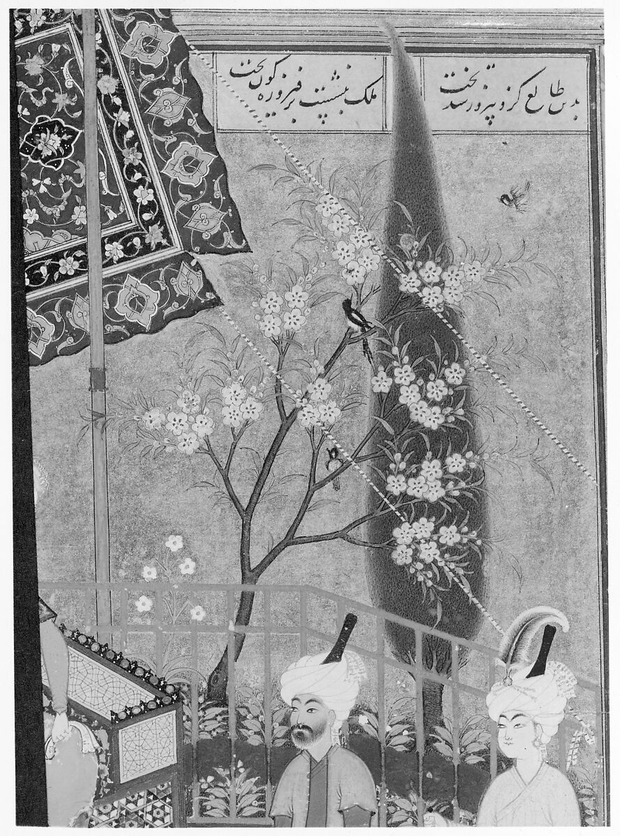 "Khusrau Seated on his Throne", Folio 64 from a Khamsa (Quintet) of Nizami of Ganja, Nizami (present-day Azerbaijan, Ganja 1141–1209 Ganja), Ink, opaque watercolor, and gold on paper