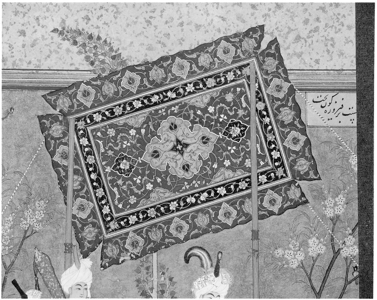 "Khusrau Seated on his Throne", Folio 64 from a Khamsa (Quintet) of Nizami of Ganja, Nizami (present-day Azerbaijan, Ganja 1141–1209 Ganja), Ink, opaque watercolor, and gold on paper