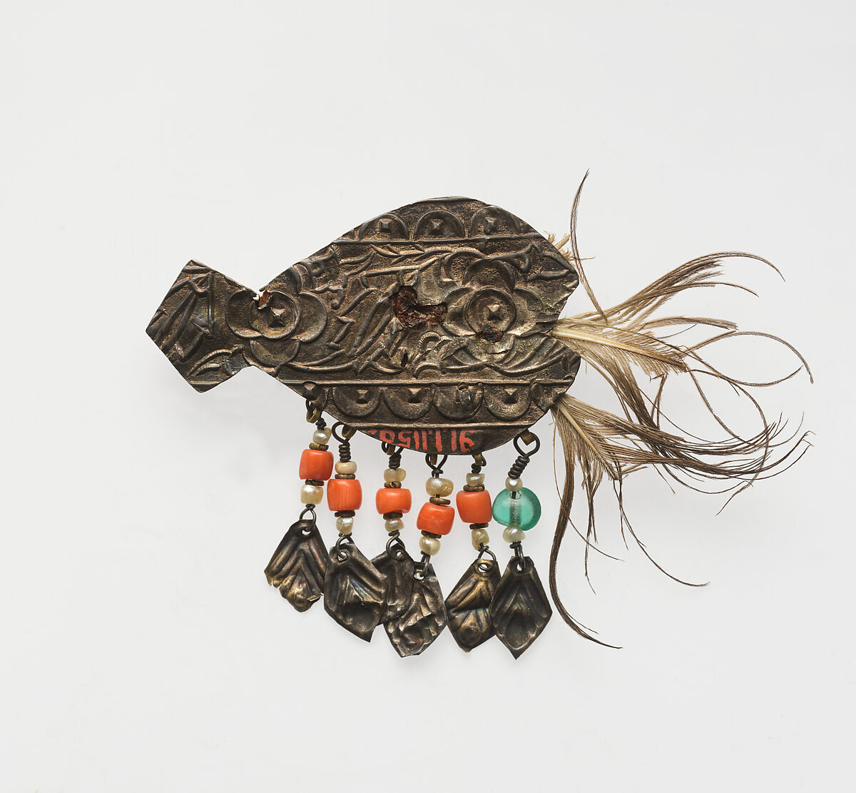 Ornament, One of a Pair, Gold, turquoise, carnelian, feather