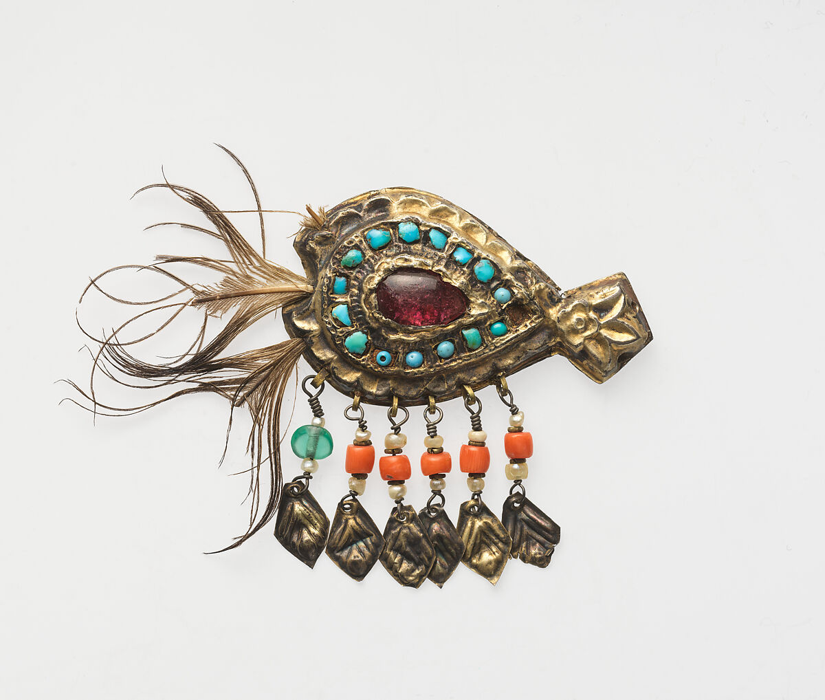 Ornament, One of a Pair, Gold, turquoise, carnelian, feather 