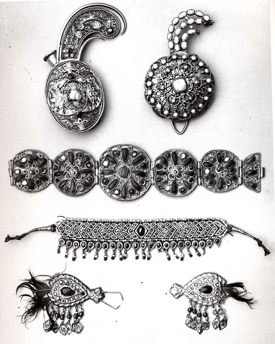 Ornament, One of a Pair, Gold, turquoise, carnelian, feather