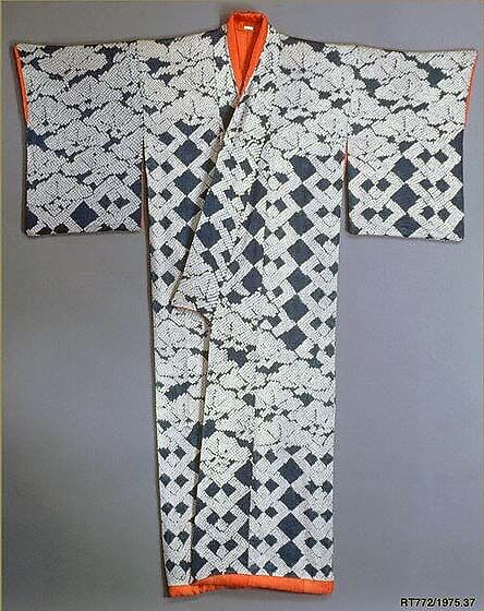 Robe (Kosode) with Pines and Interlocking Squares, Figured silk satin with tie-dying (shibori), Japan