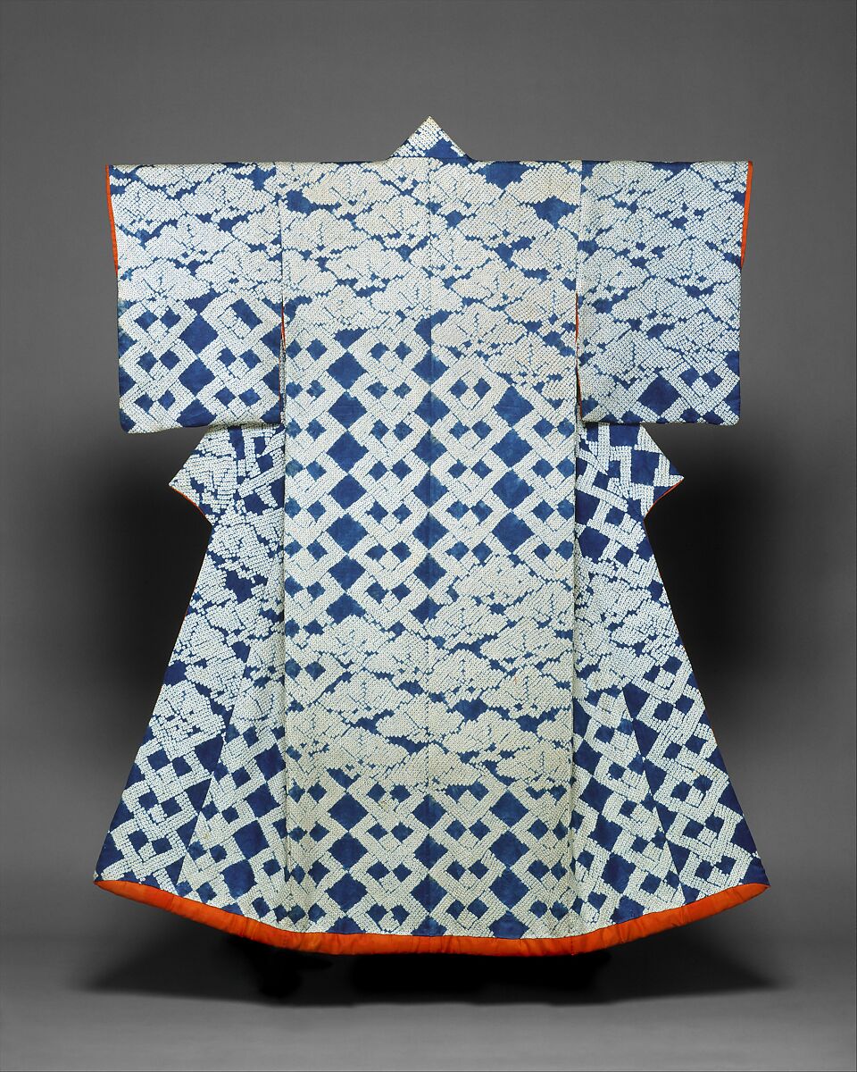 Robe (Kosode) with Pines and Interlocking Squares, Figured silk satin with tie-dying (shibori), Japan 