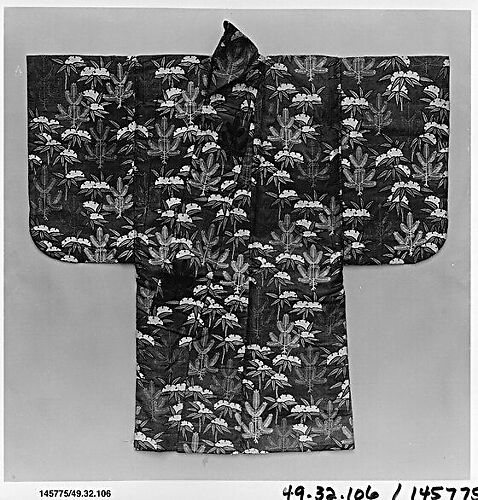 Noh Robe (Karaori) with Pattern of Young Pines and Snow-Covered Bamboo on a Red Ground