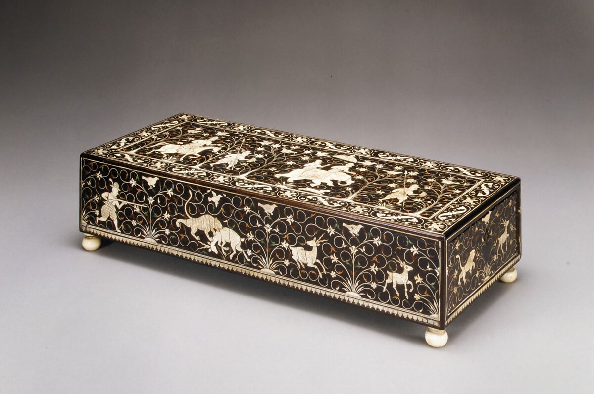 Inlaid Box for the Portuguese Market, Wood (teak); veneered with ebony, inlaid ivory, and lac