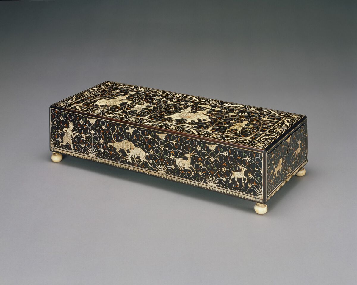 Inlaid Box for the Portuguese Market, Wood (teak); veneered with ebony, inlaid ivory, and lac