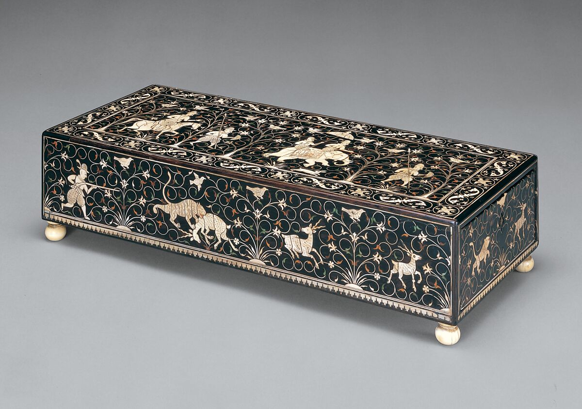 Inlaid Box for the Portuguese Market, Wood (teak); veneered with ebony, inlaid ivory, and lac