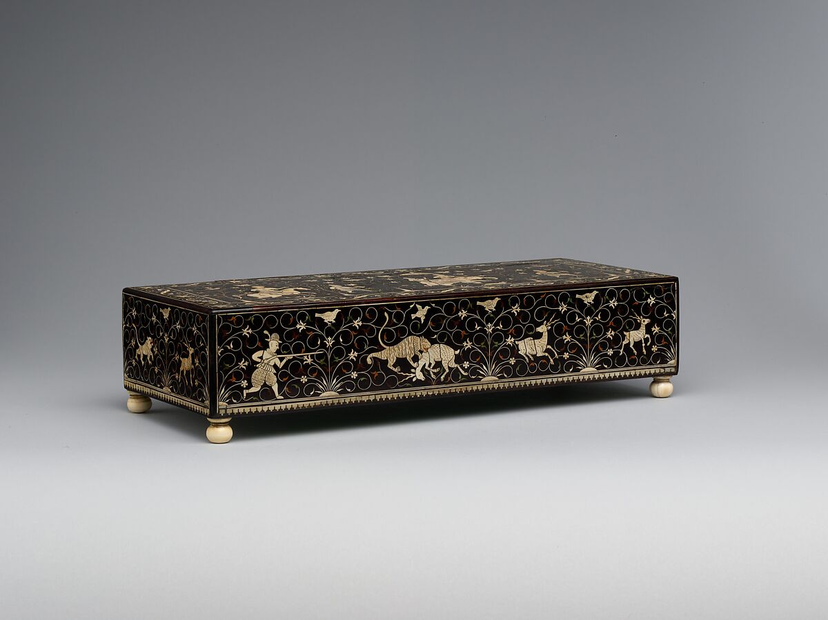 Inlaid Box for the Portuguese Market, Wood (teak); veneered with ebony, inlaid ivory, and lac 