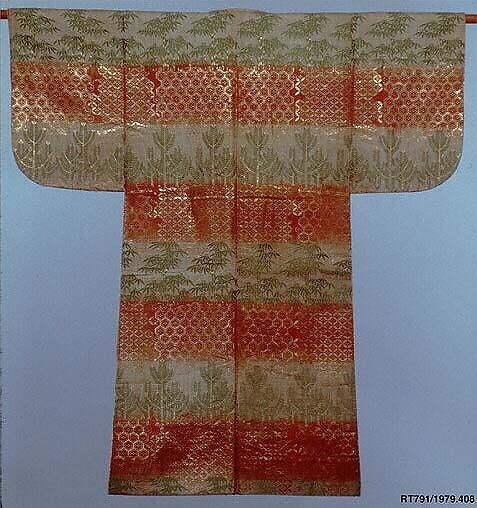 Noh Robe (Karaori) with Pattern of Bamboo and Young Pines on Bands of Red and White, Silk twill weave with resist-dyed warps and supplementary weft patterning (karaori), Japan 