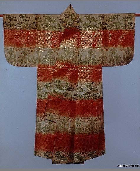 Noh Robe (Karaori) with Pattern of Bamboo and Young Pines on Bands of Red and White, Twill-weave silk with resist-dyed warps, supplementary weft patterning in silk, and gold-leaf paper strips (karaori), Japan