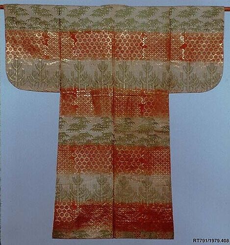 Noh Robe (Karaori) with Pattern of Bamboo and Young Pines on Bands of Red and White