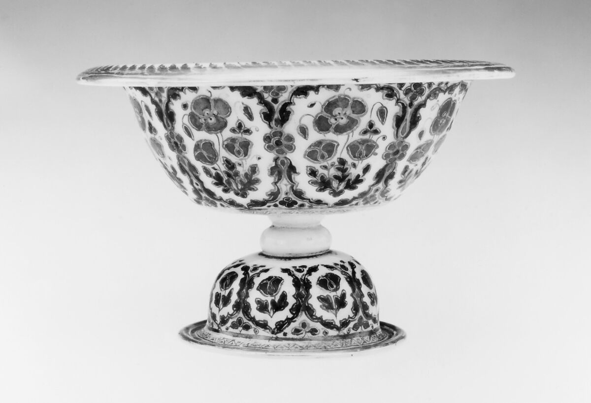 Footed Bowl and Plate, Glass, opalescent white; blown, bowl with applied stem and blown applied foot, fired silver and gold decoration